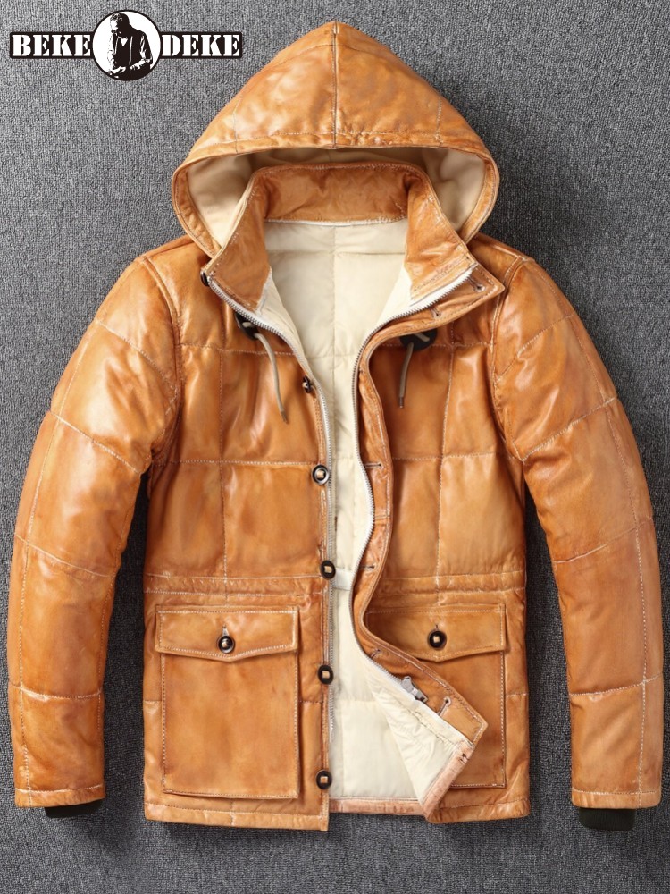 Leather Work Jacket With Hood - Giacca Invernale da Uomo in Vera