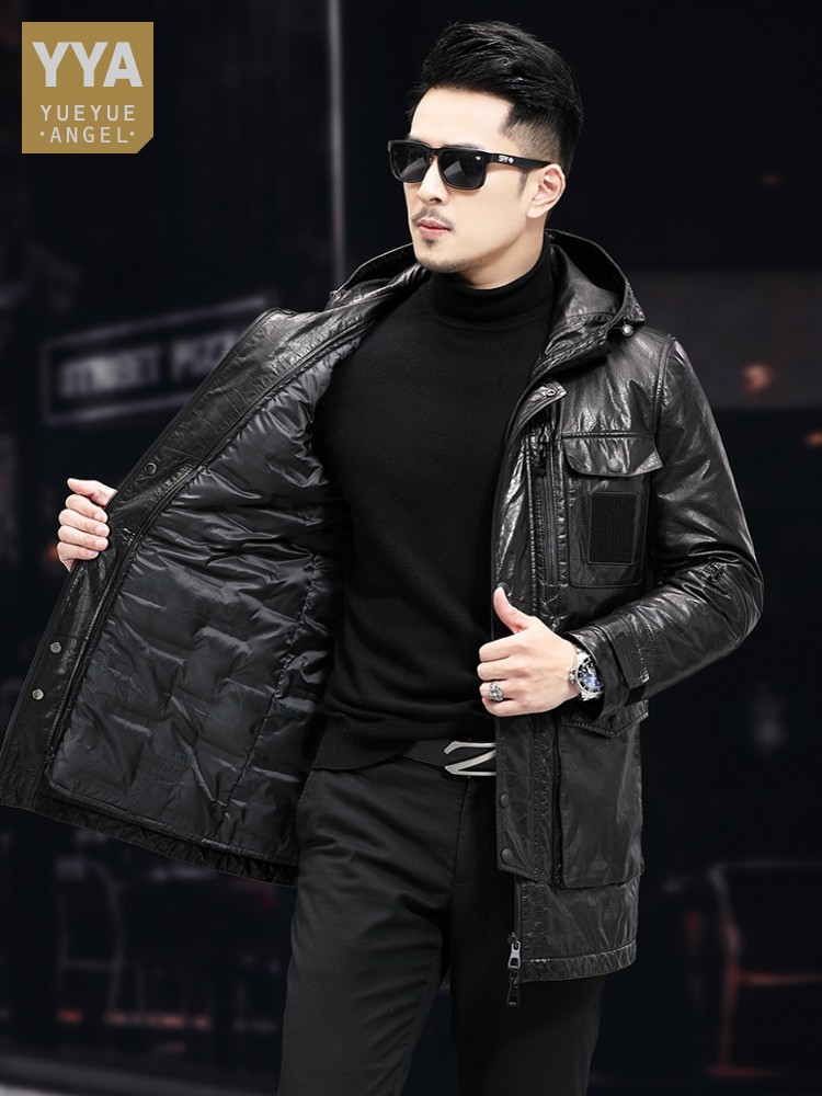 Leather Work Jacket With Hood - Cappotto invernale da uomo caldo medio