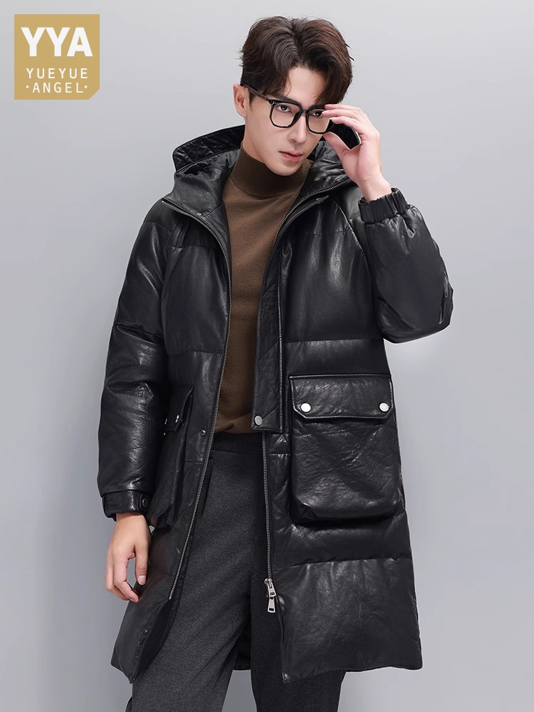 Leather Work Jacket With Hood - Piumino invernale da uomo caldo in