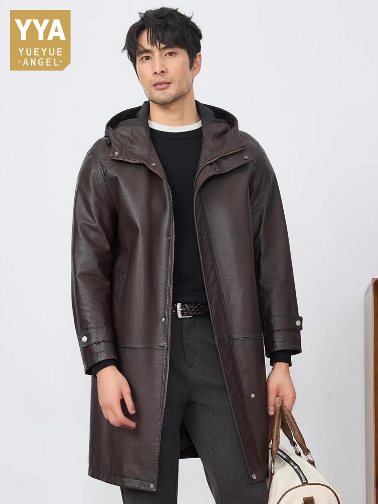 Leather Work Jacket With Hood - Moda uomo autunno nuova giacca lunga