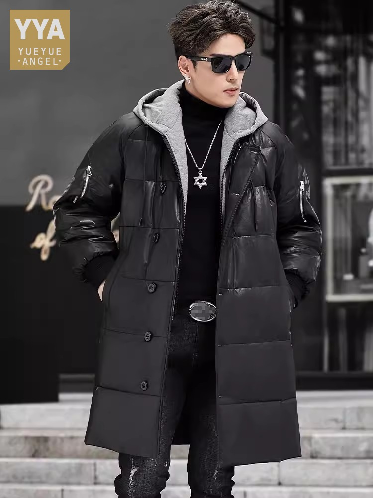 Leather Work Jacket With Hood - Piumino lungo in vera pelle da