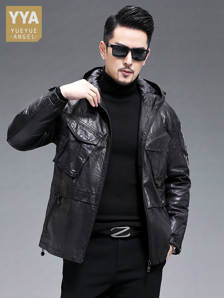 Leather Work Jacket With Hood - Piumino invernale da uomo caldo in
