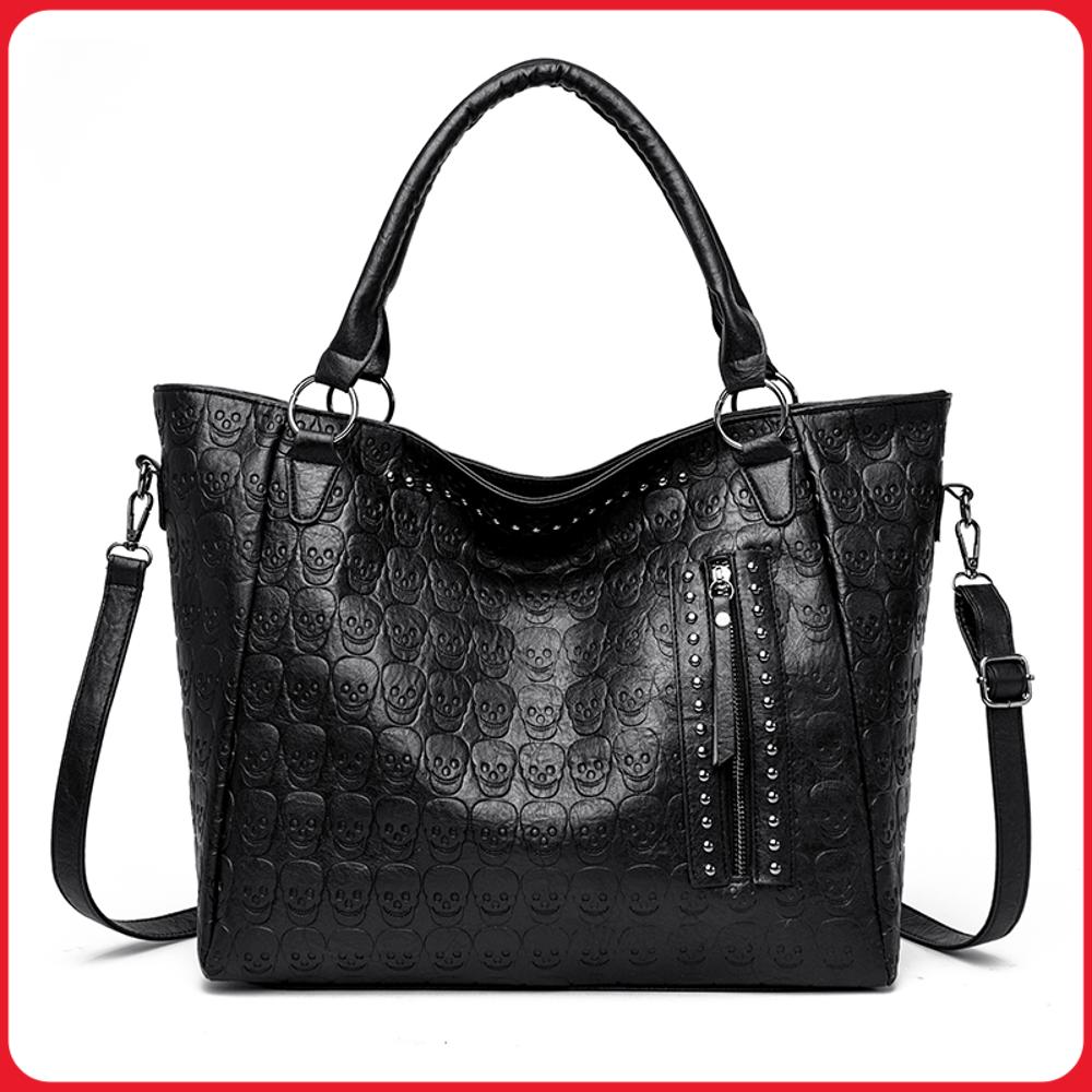 Leather Work Bag Women - Borsa a Tracolla Punk con Teschio