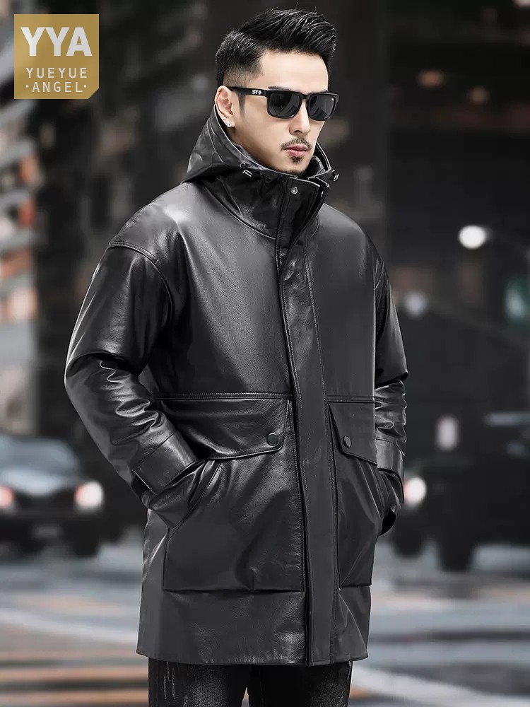Leather Work Jacket With Hood - Piumino da lavoro caldo da uomo